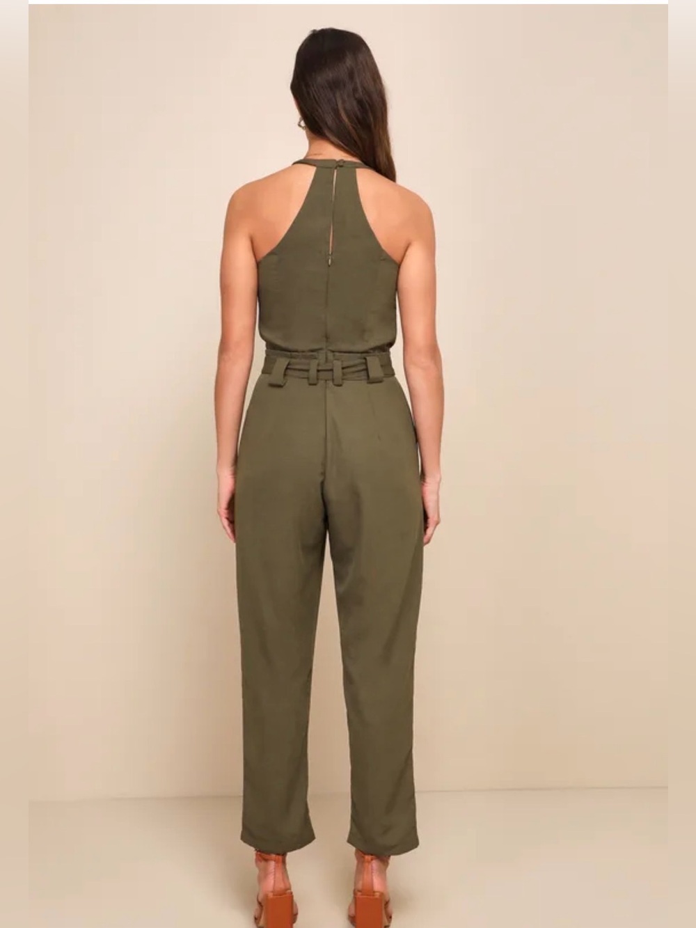Lulus In the City Surplice Jumpsuit Womens Medium Olive Green Lined Sleeveless - Picture 2 of 16